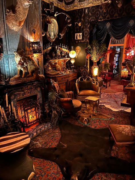 Cozy Dark Interior, Post Apocalyptic Interior Design, Whimsigoth Tiny House, Whimsigoth Maximalist Decor, Momcore House, Vintage Boho Maximalism, 90s Whimsigoth Living Room, Dark Whimsical Living Room, Whimsical House Interior Living Room