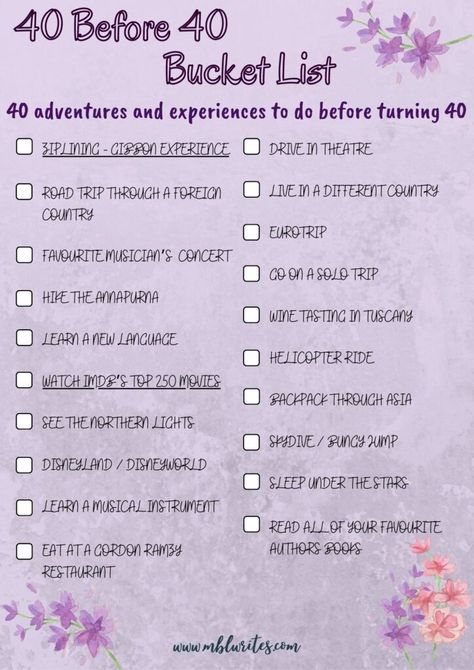 40 Before Turning 40 - Free Printable Bucket List - 40 Before 40 - 30 Years Old. A list of 40 adventures and life experiences to have and do before turning 40. travel bucket list. life bucket list. things to do 40 before 40 list. ideas 40 before 40 template. list things to do 40 before 40. Bullet Journal 40 before 40. #40before40 #bucketlist #thingstodo 40 By 40 Bucket List, 40 Things To Do Before 40, 40 Before 40 Bucket List, Turning 40 Bucket List, 40 Bucket List, 40 Before 40, Before Turning 40, Free Printable Bucket List, Before 40