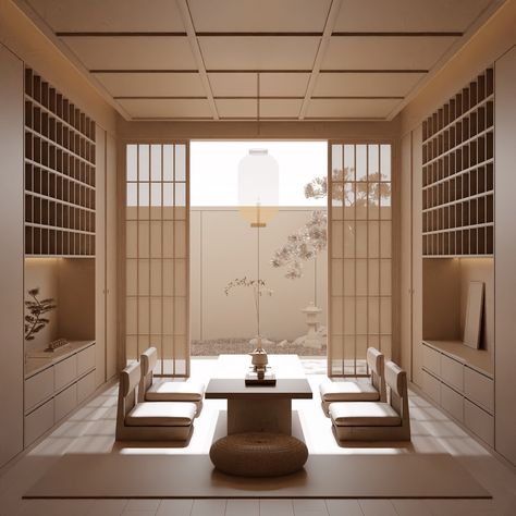 Japanese Tea Room Design, Chinese Tea Room Design, Japanese Foyer, Japanese Hallway, Japanese Living Room Design, Japanese Style Interior Design, Tea Room Interior, Zen Style Interior, Japanese Dining Room