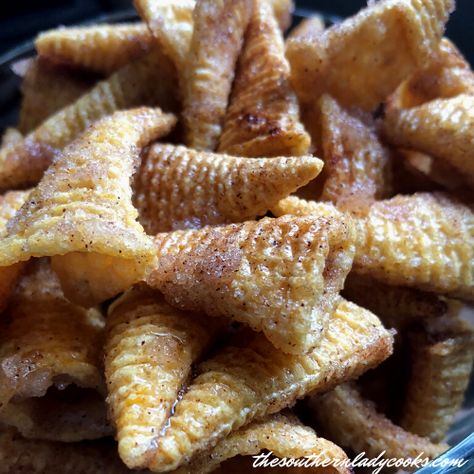 Cinnamon Bugles - 4 Ingredients - The Southern Lady Cooks Cinnamon Horns, Cinnamon Bugles, Cinammon Recipes, Trash Treats, Cinnamon Treats, Xmas Sweets, The Southern Lady Cooks, Southern Lady Cooks, Snack Mixes