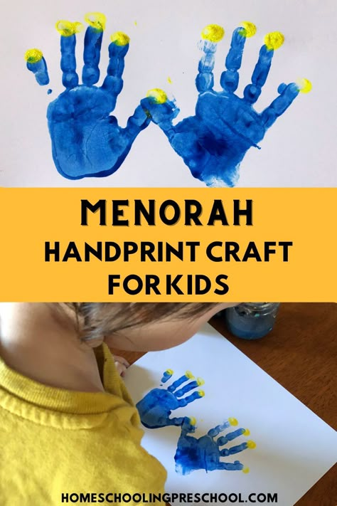 Hanukkah Handprint Menorah Craft Handprint Menorah Craft, Hanukkah Handprint Crafts, Hanukkah Toddler Crafts, Hanukkah Kindergarten Activities, Hanukkah Toddler Activities, Hanukkah Lesson Plans Preschool, Hanukkah Crafts Preschool, Hanukkah Activities For Toddlers, Hannakah Theme Crafts