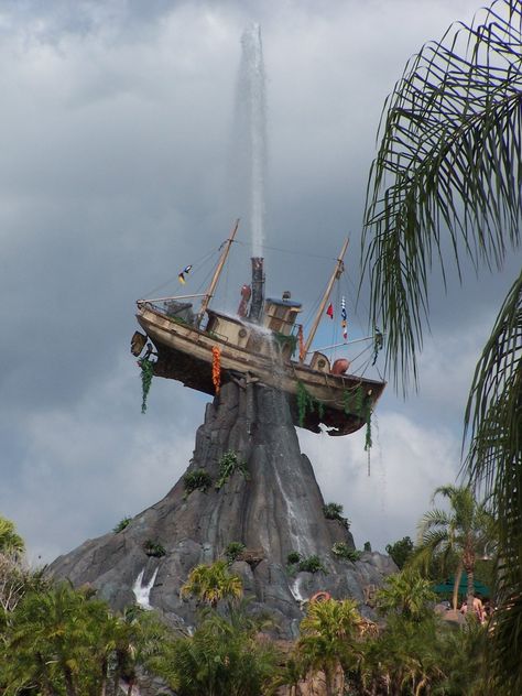 Typhoon Lagoon at Walt Disney World in Florida.  One of the water parks that are available to spend time a wet time at.  This vessel blows its top every now and then. Disney World Water Parks, Typhoon Lagoon, Adventure Parks, Orlando Theme Parks, Disney World Florida, Water Parks, Fall Background, Fantasy Adventure, Disney World Trip