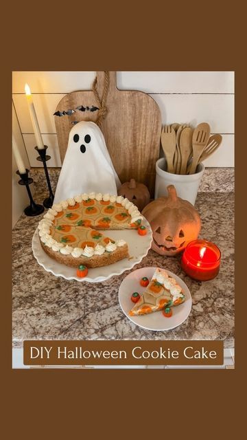 Morgan Winton on Instagram: "DIY Halloween cookie cake!🎃 Comment HALLOWEEN and I’ll send you links to all of the supplies and my decor too!🎃 This one was so easy to do and I’m in love with how it turned out!!🎃♥️ Press sugar cookie dough into a cheesecake pan. Then layer on top with pumpkin sugar cookie dough. Or the ghost cookie dough, those would be cute too lol.👻 Then bake until it looks done 🤣 Once it’s done, let it cool and pipe icing around the edges. That’s it.🎃🎃 #entertainingathome #fallfood #diyhalloween #fallvibes #falldesserts #halloweendesserts #spookyseason #halloweeniscoming #spookyseason👻 #halloweencountdown #halloweendiy #easydiy #halloweenparty #fallbaking #fallrecipes" Halloween Cookie Cake, Cookie Cheesecake, Cheesecake Pan, Cake Diy, Halloween Treats Easy, Halloween Cookie, Spooky Treats, Cookie Pie, Halloween Desserts