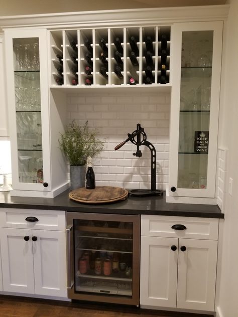 Built in wine rack/bar nook. Wine Cabinet Ideas Built Ins Wet Bars, Wine Wet Bar Ideas, Built In Wine Coffee Bar Ideas, Wine Rack On Top Of Cabinets, Wine Rack In Pantry Built Ins, Wine Built In Wall, Built In Bar With Wine Rack, Wine Rack In Cabinet Built Ins, Wine Cabinets Built In