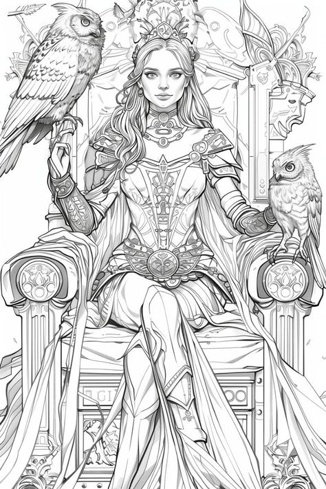 Grayscale Coloring Books Free, Fantasy Colouring Pages, Greek Mythology Coloring Pages, Queen On Throne, Fantasy Coloring Pages For Adults, Queen Illustration, Queen Drawing, Adult Coloring Books Printables, A Coloring Page