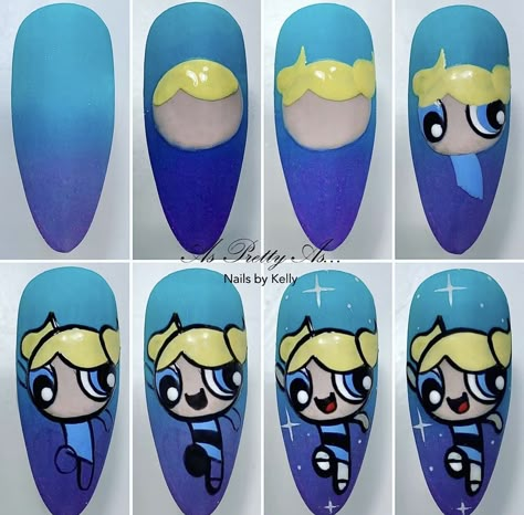 Nail Art Character Step By Step Designs, Nail Art Sketch, Step By Step Drawing Characters, Cartoon Characters Nail Art, Cartoon Nail Designs Step By Step, Cartoon Nail Art Step By Step, Nail Art Designs Cartoon, Character Design Nails, Character Nail Art Step By Step