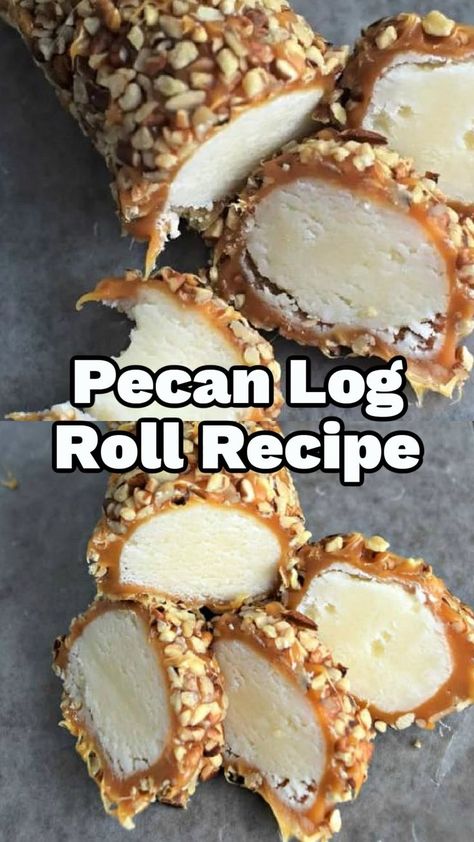 A delicious and easy caramel and pecan candy, perfect for the holidays. This pecan log roll recipe is a marshmallow center coated in caramel and rolled in nuts and only requires about 30 minutes of hands on time.