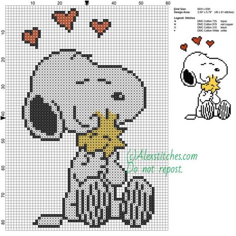 Snoopy and Woodstock free cartoons cross stitch pattern 60x83 4 colors - free cross stitch patterns by Alex Snoopy Und Woodstock, Stitch Character, Disney Cross Stitch Patterns, Stitch Cartoon, Disney Cross Stitch, Pola Kristik, Free Cartoons, Cross Stitch Patterns Free, Free Cross Stitch