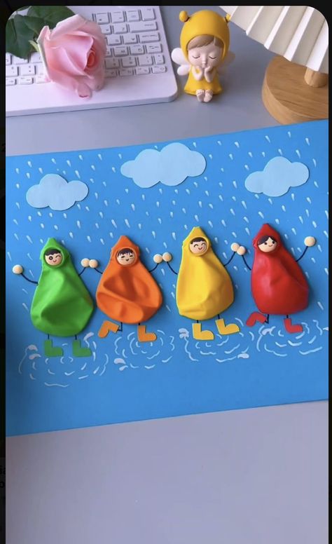 Rainy Season Craft For Preschoolers, Rainy Season Decoration For School, Art For 5 Yrs, Rainy Season Activity For Kids, Rainy Season Craft For Kids, Rainy Season Board Decoration Ideas, Rainy Season Craft, Children's Day Craft, Balloon Games