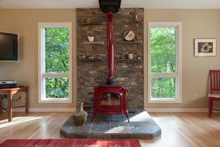 Adding beautiful stonework and some shelving behind your stove can really spruce it up! Wood Stove Surround, Wood Stove Ideas, Stove Wall, Stove Hearth, Stove Decor, Wood Stove Wall, Wood Stove Hearth, Wood Burning Stoves Living Room, Stove Ideas