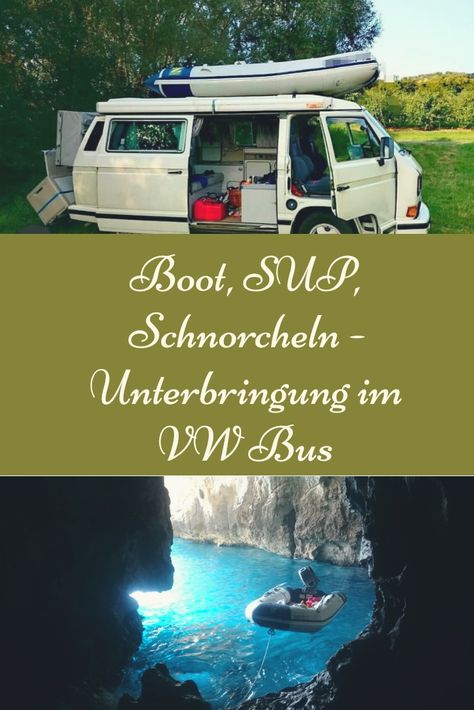 Von Boot mit Motor, SUP, Kletter- und Höhlenausrüstung, Schnorchelzeug...irgendwie muss alles in den VW Bus rein. Da kann es schon zu Platzproblemen kommen. Wie wir das lösen und verstauen, erzählen wir euch hier. #campervan #vwt3 #vanlife Stand Up Paddle Board, Vw Bus, Vehicles