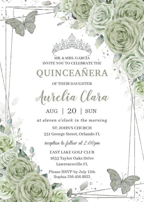 Sage Green Quinceanera, Chambelanes Outfits Quinceanera, Chambelanes Outfits, Green Quinceanera Theme, Green Quinceanera, Lollipop Party, Floral Birthday Invitations, Sage Green Floral, Quinceanera Themes