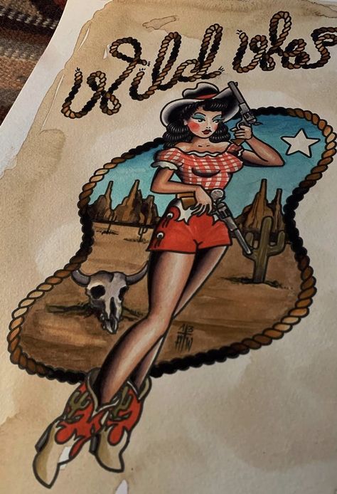 Cowboy Pinup, Sailor Jerry Cowgirl, Mexican Traditional Tattoo Sleeve, Traditional Tattoos Cowgirl, Neotraditional Cowgirl Tattoo, Cowgirl Flash Tattoo, Traditional Pin Up Girl Tattoos, American Traditional Pin Up Girl, American Traditional Cowgirl Pinup