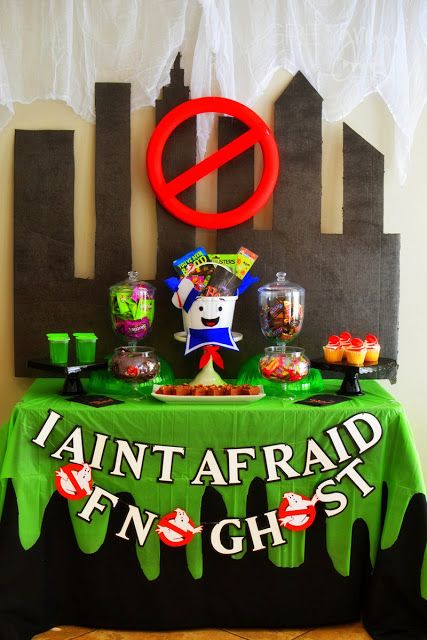 Ghostbusters Party table with lots of fun DIY decorating ideas. Ghostbuster Birthday, Ghostbuster Party, Ghost Busters Birthday Party, Ghostbusters Birthday, Ghostbusters Birthday Party, Ghostbusters Theme, Ghostbusters Party, Marshmallow Man, Ghost Party