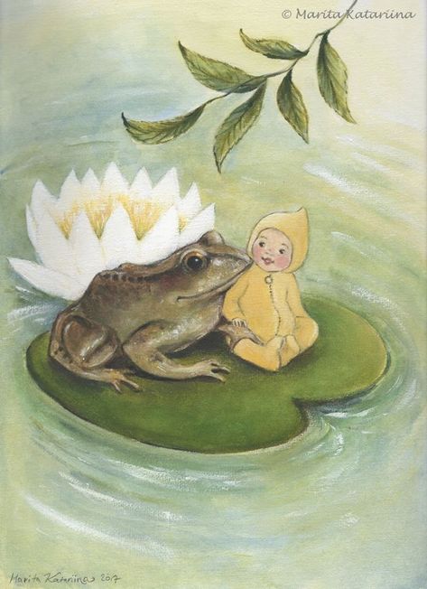 Frog Lily Pad Drawing, Frog On Lily Pad Painting, Lily Pads Drawing, Lily Pad Illustration, Thumbelina Aesthetic, Lily Pad Painting, Lily Pad Art, Lily Pad Drawing, Flower Fairy Art