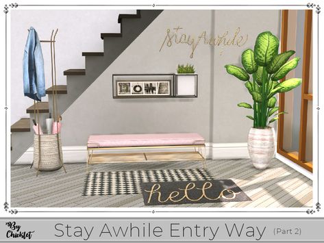 Sims 4 — Stay Awhile Entry Way (Part 2) by Chicklet — The Stay Awhile Entryway set is perfect for creating a warm and Lanai Patio, Barn Table, Sims Freeplay Houses, Wall Shelves Bedroom, Storage Cubby, Christmas Bathroom, Floor Plants, Dream Wall, Sims 4 Build