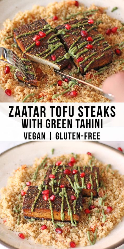 Mediterranean Tofu, Veggie Entrees, Tofu Steaks, Crusted Tofu, Green Tahini, Tofu Steak, Tempeh Recipes, Vegan Tofu, Marinated Tofu