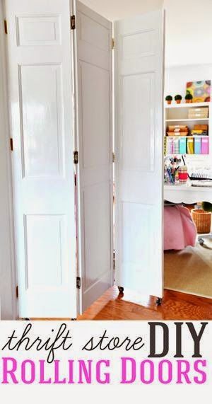 Best DIY Projects: How to make DIY rolling doors with thrift store bifold doors. No fancy or expensive hardware needed. Room Divider Using Old Doors, Bifold Door Room Divider, Laundry Room Divider Ideas, Room Divider On Wheels, Dividing Rooms Without Walls, Bifold Door Ideas, Room Divider Ideas Diy Cheap, Room Divider Ideas Diy, Door Room Divider