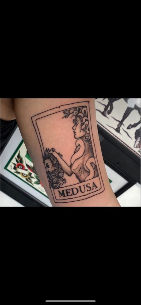 Medusa holds Poseidon’s decapitated head. The tattoo is in a box, with the bold title “Medusa” beneath. Revenge, Triangle Tattoo, Tattoo Ideas, Tattoos