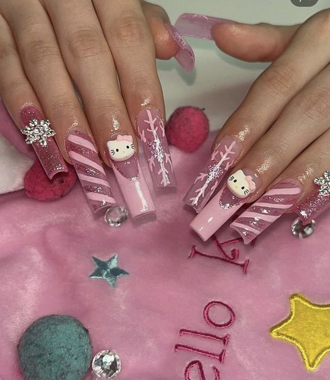 Pink Hello Kitty Christmas, Hello Kitty Christmas Nails, Hello Kitty Style, Kitty Style, Retro Nails, Kitty Christmas, French Tip Acrylic Nails, Hello Kitty Nails, Really Cute Nails