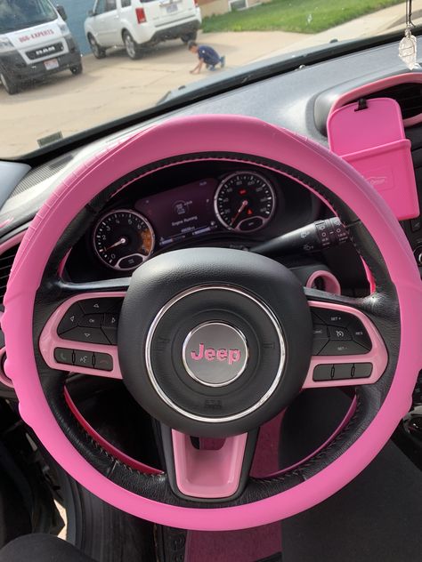 My Jeep Renegade getting a little cuter every day. Pink P!nk PINK Jeep With Pink Interior, Pink Jeep Renegade, Jeep Renegade Aesthetic, Jeep Renegade Interior, Jeep Renegade Accessories, Pink Jeep Accessories, Pink Jeep Wrangler, Jeep Grand Cherokee Accessories, Jeep Sahara