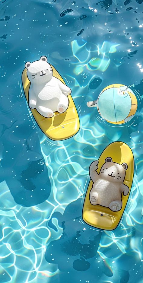 Cute cartoon style mobile phone wallpaper, top view of white bear in pool and fat cat on yellow surf boards in the swimming pool playing with one big round ball, the water is clear and blue, cute, simple design, background in 3d render style. The background color is light blue --v 6 Simple Design Background, Bear And Cat, Play Wallpaper, Pretty Flowers Photography, Wallpaper Top, Iphone Light, Mobile Phone Wallpaper, Pool Fun