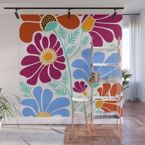 Floral Wall Mural Painting, Floral Murals, Floral Mural, Mural Art Design, Wall Murals Diy, Diy Mural, Garden Mural, Flower Mural, Wall Murals Painted