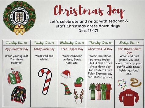 Spirit Week School, Christmas Spirit Week, Holiday Spirit Week, Staff Ideas, Ugly Sweater Day, Sunshine Committee, Pj Day, Christmas Dress Up, Santa Pajamas