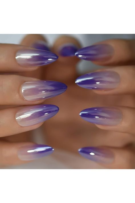 Glossy Purple Nude Ombre Fake Nails Medium Length Almond Chrome Press On Nails Gorgeous Gradient Shade Full Cover False Nail Tip Ombre Chrome Nails, Nails Gorgeous, Nails Medium Length Almond, Nails Boho, Nails Medium Length, Holo Nails, Nail Art Salon, Coffin Press On Nails, Professional Nail Art