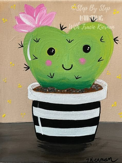 Heart Cactus, Tin Foil Art, Kids Canvas Painting, Succulent Painting, Kids Canvas Art, Painting Lesson, Cactus Painting, Acrylic Painting Lessons, Kids Painting