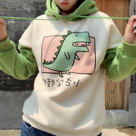 Green Dinosaur With Horns Hoodie Pullover SP14702 Dino Hoodie, Aesthetic Wardrobe, Monster Hoodie, Aesthetic Sweatshirt, Kawaii Dinosaur, Green Dinosaur, Green Monster, Tomboy Style Outfits, Y2k Clothing