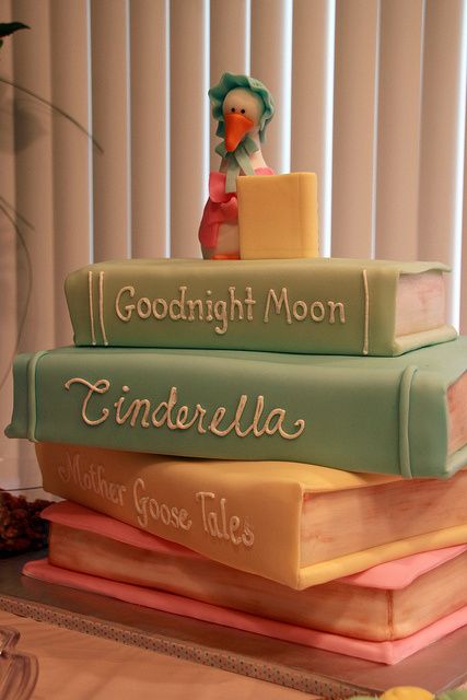 Book cake.... Aw! But with The Velveteen Rabbit, Beatrix Potter, and Winnie the Pooh. :) (so I guess a British version) Storybook Baby Shower, Book Cakes, Cake Wrecks, Book Cake, Cupcakes Decorados, Story Book, Stack Of Books, Baby Cake, Cute Cakes