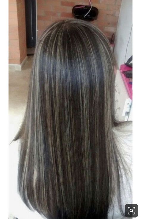 Strait Across Haircut, Chunky Ash Highlights, Tiny Highlights In Dark Hair, Medium Brown With Ash Blonde Highlights, Blonde Highlights On Black Hair Straight, Light Brown Hair W Highlights, Brunette Hair With Silver Highlights, Silver Highlights Brown Hair, White Highlights Brown Hair