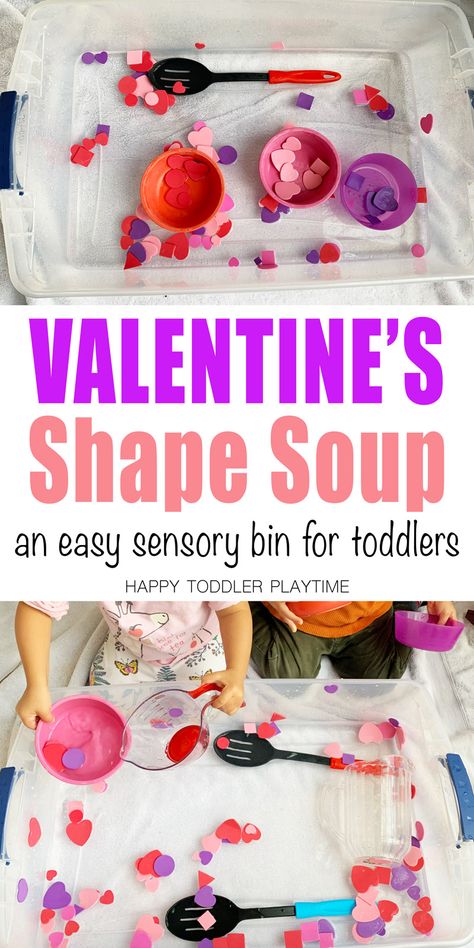 Valentine's Shape Soup Sensory Bin - HAPPY TODDLER PLAYTIME  Here is a fun and easy shape soup sensory bin for Valentine’s Day that makes the perfect way for toddlers and preschoolers to practice and learn their shapes and colors. Valentines Toddler Activities, Preschool Valentines Activities, Valentine's Activities, Valentine Sensory, Toddler Valentine Crafts, Crafts For Toddlers, February Crafts, Valentine's Day Crafts For Kids, Toddler Sensory