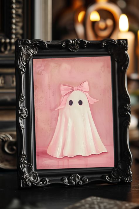 Add a touch of whimsy to your collection with our cute sheet ghost painting! Featuring a girly coquette ghost adorned with a vintage pink bow on her head, set against a pretty pink background. Available in our instant download premium print collection for just $2 each or 3 for $5 on my Ko-fi shop. Canvas Fall Ideas Painting, Pink Ghost Painting, Coquette Halloween Decor, Pink Ghost Party, Coquette Painting, Ghost Painting Ideas, Halloween Widget, Girly Ghost, Angel Wings Drawing