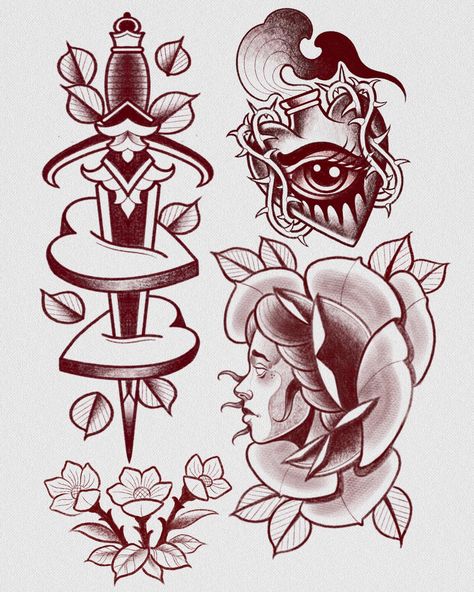 Flash designs available in blackwork or colour! Give me more ideas to draw!! Neo Traditional Flash Sheet, Oldschool Tattoo Traditional Colour, Flash Tattoo Blackwork, Desain Tattoo, Traditional Tattoo Stencils, Traditional Tattoo Drawings, American Traditional Tattoo Ideas, Japanese Flower Tattoo, Flash Ideas