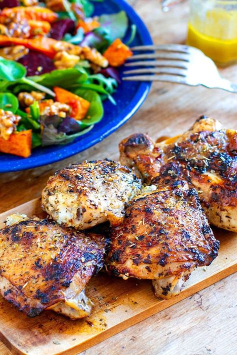 Roasted Chicken Thighs With Oregano Garlic Marinade. Serve with vegetables or a side salad. Paleo, Whole30, Keto, Gluten-Free #chicken #chickenthighs #oregano #garlic #chickenmarinade #roastedchicken #whole30 #keto #paleo #glutenfree Sides For Roast Chicken, Sides For Roast, Paleo Roasted Chicken, Roast Chicken Thigh Recipes, Roast Chicken Thighs, Chicken Thigh Marinade, Oregano Chicken, Broiled Chicken Breast, Garlic Marinade