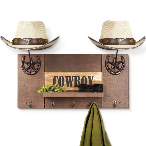 PRICES MAY VARY. Cowboy Hat and Coat Storage Solution—— Inspire by the combination of cowboy hat holder and coat rack with shelf, perfect for the cowboy hat lover, this rack provides the ideal spot to store your cowboy hat, coat, jacket, key, mail and more right by the door, solving the everyday hassle of finding a place for your hat, perfect for cabins, entrance, bedroom and closet Western Wall Decorative and Functional —— Measure with 25.6 x11.8x6.5 in after assembly. This cowboy hat hanger ma Cowboy Boot Storage Ideas, Cowboy Hat Display, Cowboy Boot Storage, Cowboy Hat Hanger, Cowboy Hat Holder, Buckle Display, Cowboy Hat Rack, Western Wall Decor, Entryway Closet