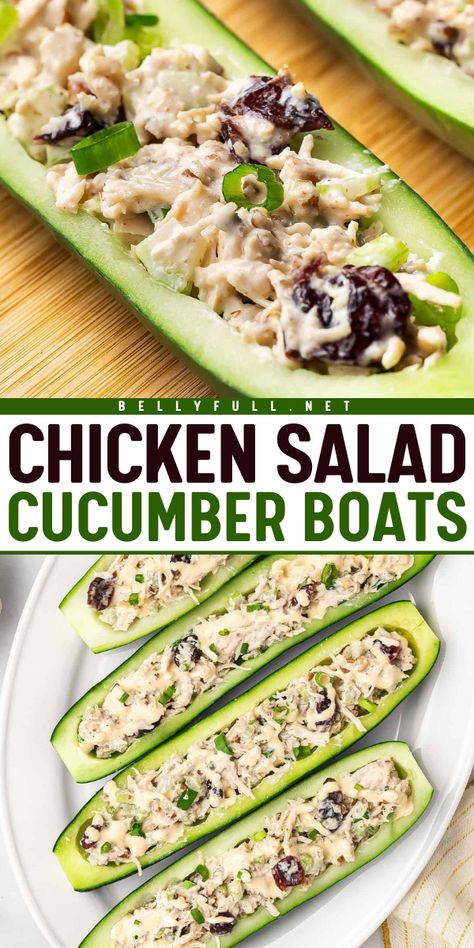 Cool, crunchy, and refreshing, these Chicken Salad Cucumber Boats are a fun and low-carb way to enjoy chicken salad. Serve for lunch, as a snack, or cut into smaller bites for a buffet table. Chicken Cucumber Wrap, Chicken Salad Cucumber Roll, Chicken Salad Presentation Ideas, Chicken And Cucumber Salad, Chicken Salad Cucumber Roll Ups, Cucumber Boats Recipes, South Beach Recipes, Cucumber Chicken Salad, Keto Cucumber Salad