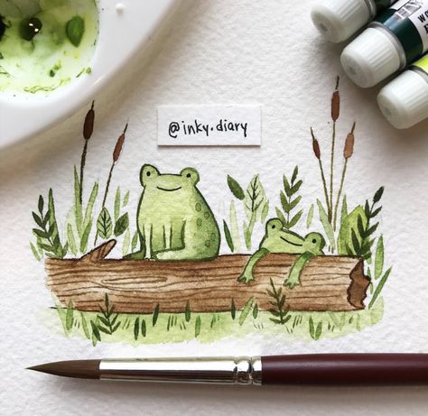 Frogs On A Log, Art Bio, Gouache Art, Watercolor Paintings Easy, Frog Art, Watercolor Painting Techniques, 수채화 그림, Happy Paintings, A Log