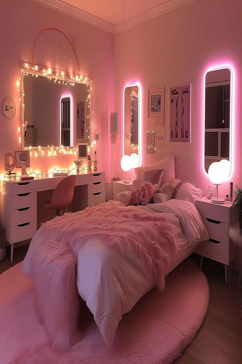 Pink-themed baddie bedroom with fairy lights, plush bedding, and girly decor accents. Small Room Pink Aesthetic, Comfy Bed Aesthetic, Girly Room Aesthetic, Girly Pink Bedroom, Baddie Bedroom, Comfy Room, Bedroom Ideas For Small Rooms Cozy, Pink Bedroom Decor, Luxury Room Bedroom