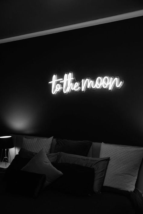 Black Wall With Neon Sign, Neon Sign On Black Wall, Aesthetic Neon Signs For Bedroom, Neon Sign Over Bed, Led Writing Lights, Diy Indie Room Decor, Ig Thoughts, Diy Christmas Room, Bedroom Wall Units