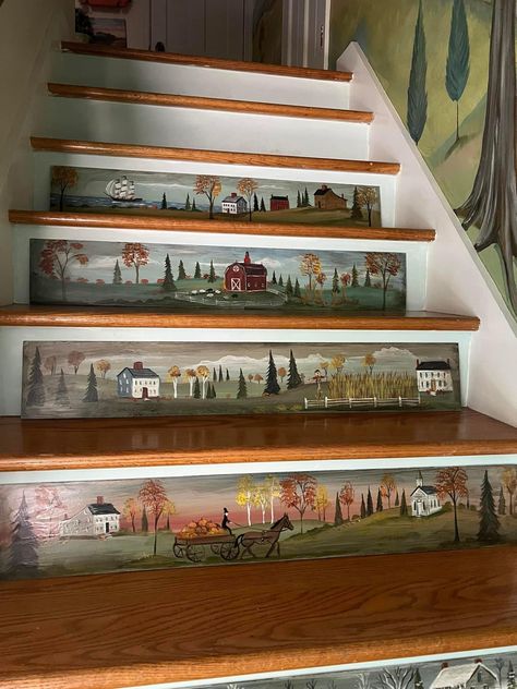 Maximalist Staircase, Stair Painting Ideas, Stairway Mural, Stair Riser Ideas, Stairs Mural, Stenciled Stairs, Painted Stair Risers, Bedroom Murals, Painted Stairs