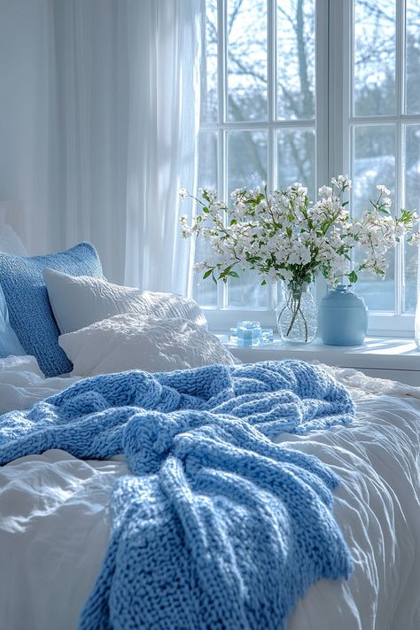 Find your perfect white and blue bedroom aesthetic with 27 inspiring ideas. Explore a range of styles, from coastal chic to modern minimalism.  Discover white and blue bedroom ideas featuring crisp white bedding, soft blue walls, and stylish white furniture with blue details. Incorporate striped throw pillows, ocean-themed artwork, and blue and white patterned curtains for a truly unique white and blue bedroom decor.  Find inspiration for a tranquil and refreshing bedroom retreat. Blue Sheets Aesthetic, Blue Aesthetic Bed, Blue Room Inspo Aesthetic, White Blue Bedroom Ideas, Blue And Gold Bedroom Decor, Blue Room Decor Bedroom, White And Blue Bedroom Ideas, Purple And Blue Room, Blue Theme Aesthetic