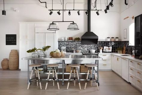 Stainless Steel Kitchen Island Ideas and Inspiration | Hunker Gaines Kitchen, Joanna Gaines Kitchen, Stainless Steel Kitchen Island, Industrial Kitchen Island, Distressed Decor, Fixer Upper Kitchen, White Kitchen Island, Apartment Decoration, Kitchen Island With Seating