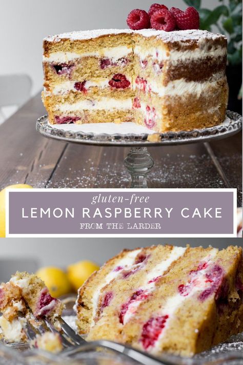 Gluten-Free Lemon Raspberry Cake is a wonderfully indulgent cake for a special occasion. The very lemony sponge is made from ground almonds and plain gluten-free flour so it is incredibly accessible for novice gluten-free bakers. Fresh raspberries are baked into the sponge but also fill the cake along with a lemony mascarpone cream. #lemoncake #glutenfree #cake Lemon Raspberry Cake, Gluten Free Cake Recipe, Mascarpone Cream, Fresh Raspberries, Cooking Club, Raspberry Cake, Gluten Free Cake, Gf Desserts, Gluten Free Sweets