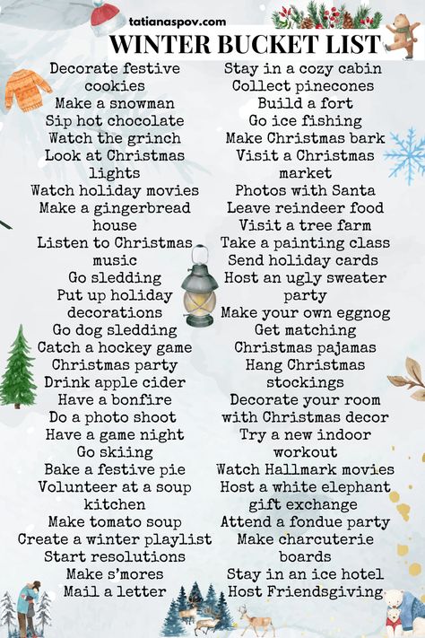 Winter Bucket List For Couples, Cute Winter Date Ideas, Winter To Do List, Baking Holiday, Winter Date Ideas, Christmas Bucket List, Romantic Date Night Ideas, Christmas Date, Christmas Bucket