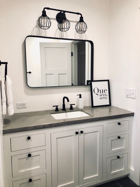 White Bathroom Vanity With Gray Counter, White Vanity Gray Countertop, White And Black Bathroom Vanity, Black Top Bathroom Vanity, White Bathroom Vanity With Black Top, White Bathroom Vanity With Black Hardware, Grey Counter Bathroom, Black Vanity Top Bathroom, White Vanity Black Countertop