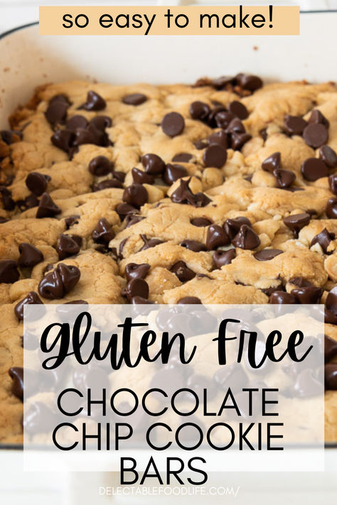 pan of chocolate chip cookie bars Dinner Ideas Gluten Free, Gluten Desserts, Fat Free Recipes, Gluten Free Instant Pot Recipes, Gluten Free Bars, Gluten Free Sourdough, Chocolate Chip Bars, Gluten Free Chocolate Chip Cookies, Gluten Free Chocolate Chip