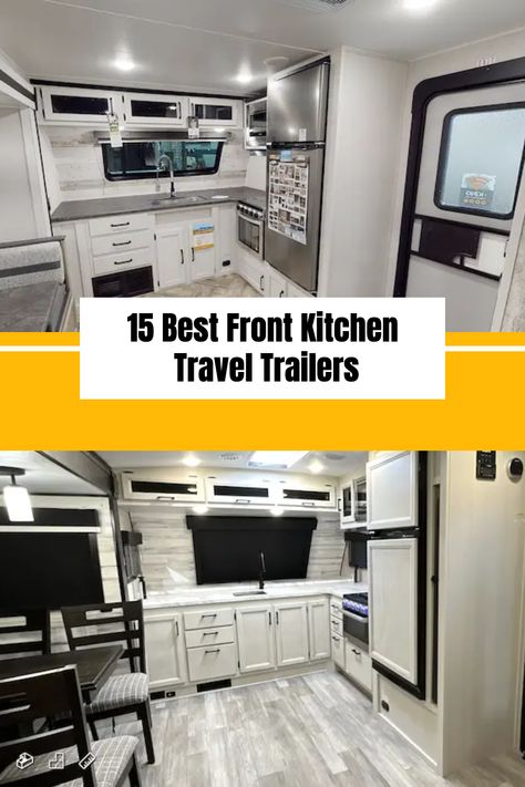 Love cooking while camping? You need a front kitchen travel trailer! Find the perfect one with our guide. These front kitchen travel trailer floor plans are perfect for anyone who loves cooking, natural light, and a homey-feeling RV. Travel Trailer Layout Floor Plans, Rear Kitchen Travel Trailer, Front Kitchen Floor Plans, Trailer Kitchen Remodel, Trailer Floor Plans, Travel Trailer Floor Plans, Best Travel Trailers, Rv Floor Plans, Kitchen Floor Plan